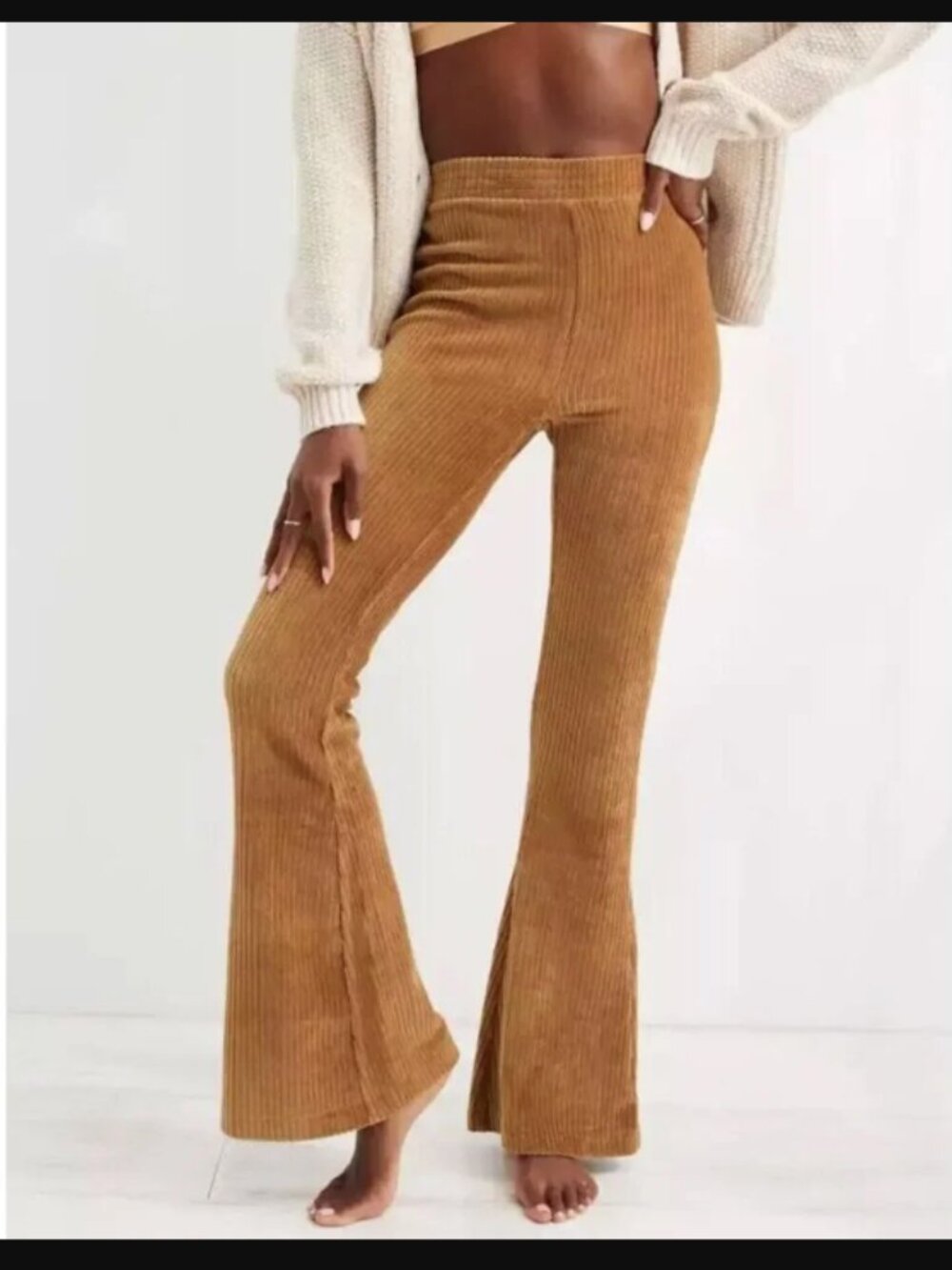 Aerie Tan Ribbed Groove On Flare Leg High Rise Wide Leg Pants NEW